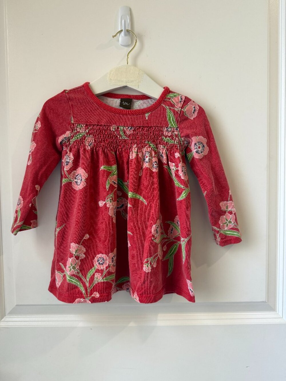 Tea Collection Red Smocked Dress with Floral Motifs